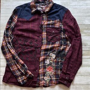 Desigual Burgundy and Navy Plaid Shirt with Floral Embroidery